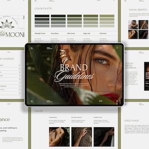 Peut inclure: Un document de présentation de charte graphique numérique pour Mila Moon comprenant une palette de couleurs vert forêt et tons terre, un sommaire, des exemples de réseaux sociaux et une image centrale de personne portant des bijoux dorés.