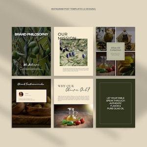 May include: Six Instagram post templates with olive oil themes. The designs feature text like "Brand Philosophy", "Our Mission", and "Why Our Olive Oil?" Images include olives, olive oil, and related products. The overall color scheme is earthy.