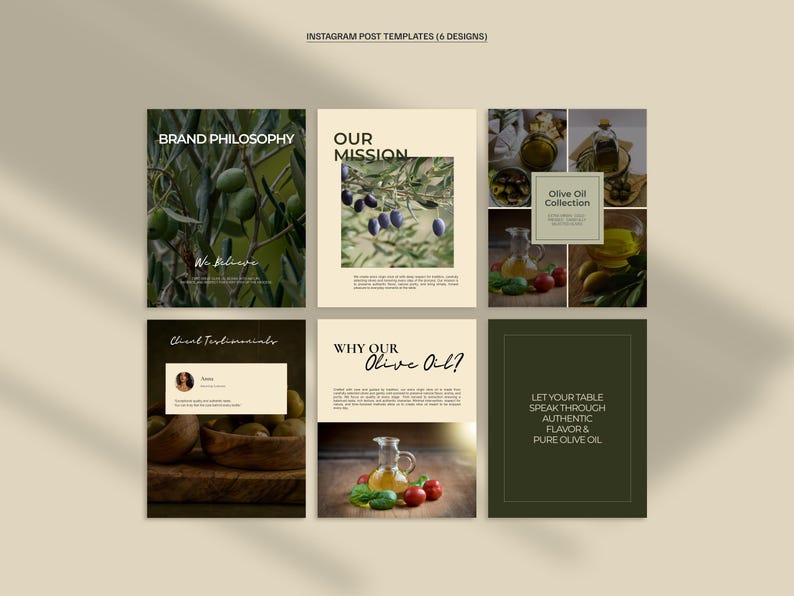 May include: Six Instagram post templates with olive oil themes. The designs feature text like "Brand Philosophy", "Our Mission", and "Why Our Olive Oil?" Images include olives, olive oil, and related products. The overall color scheme is earthy.