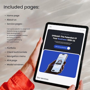 May include: A tablet displaying a website design with the text "Unleash The Potential Of Your Business With Us." The tablet also shows a list of included pages, such as "Home page" and "About us."