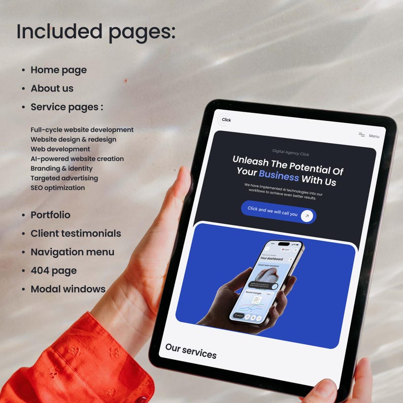 May include: A tablet displaying a website design with the text "Unleash The Potential Of Your Business With Us." The tablet also shows a list of included pages, such as "Home page" and "About us."