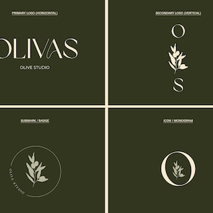 May include: A dark green graphic design featuring four logo variations. The primary logo reads "OLIVAS OLIVE STUDIO" in a serif font. Other designs include a vertical logo, a circular badge, and an icon with an olive branch.