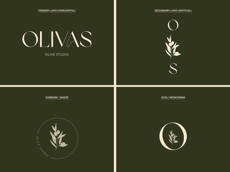May include: A dark green graphic design featuring four logo variations. The primary logo reads "OLIVAS OLIVE STUDIO" in a serif font. Other designs include a vertical logo, a circular badge, and an icon with an olive branch.