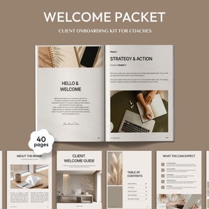 Puede incluir: Un paquete de bienvenida titulado "WELCOME PACKET" y "CLIENT ONBOARDING KIT FOR COACHES". El folleto abierto muestra "HELLO & WELCOME" en una página y "STRATEGY & ACTION" en la otra. El paquete tiene 40 páginas.