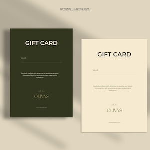 May include: Two gift cards, one dark green and one cream, with the text "GIFT CARD" at the top. Below is a space for "VALUE" and text about the gift card. The brand name "with love OLIVAS" is at the bottom.