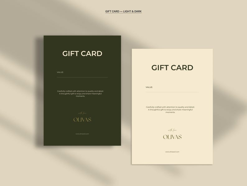 May include: Two gift cards, one dark green and one cream, with the text "GIFT CARD" at the top. Below is a space for "VALUE" and text about the gift card. The brand name "with love OLIVAS" is at the bottom.
