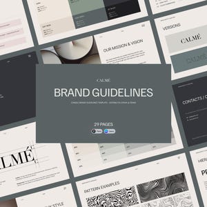 Op de afbeelding: Een digitaal document getiteld "Brand Guidelines" voor "Calmé" kaarsen, met een donkergrijze omslag met witte tekst. Het document bevat ontwerpelementen, kleurenpaletten en voorbeelden. Het document is 29 pagina's lang.