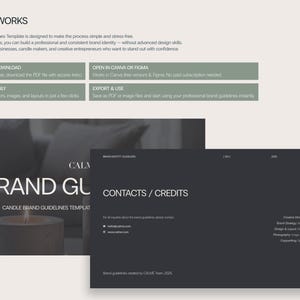 May include: A Brand Guidelines Template with the text "HOW IT WORKS" at the top. The template is designed to help small businesses and candle makers build a professional brand identity. The image includes the text "BRAND GUIDELINES" and "CONTACTS / CREDITS".