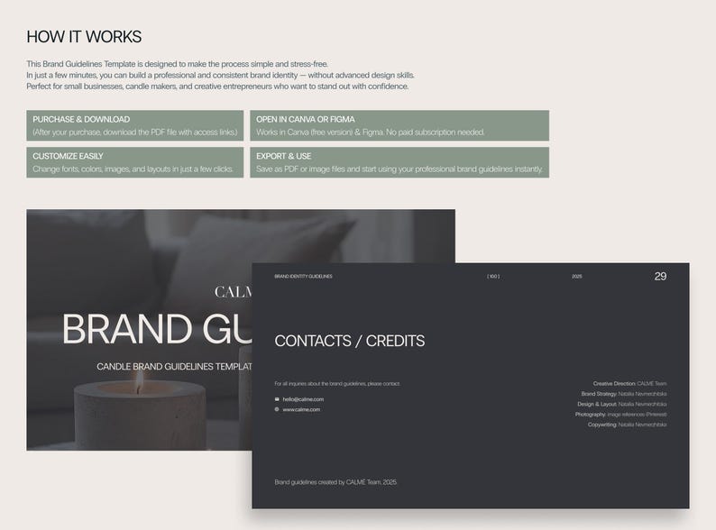 May include: A Brand Guidelines Template with the text "HOW IT WORKS" at the top. The template is designed to help small businesses and candle makers build a professional brand identity. The image includes the text "BRAND GUIDELINES" and "CONTACTS / CREDITS".