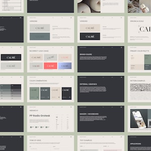 May include: A collection of design presentation slides with a muted color palette. The slides showcase logo variations, color combinations, typography, and pattern examples. The word "CALME" is featured prominently in various designs.