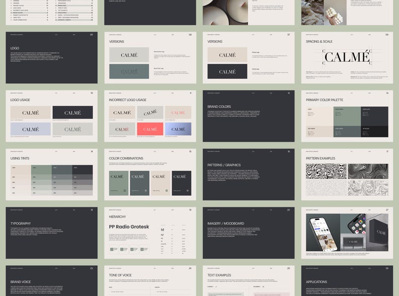 May include: A collection of design presentation slides with a muted color palette. The slides showcase logo variations, color combinations, typography, and pattern examples. The word "CALME" is featured prominently in various designs.
