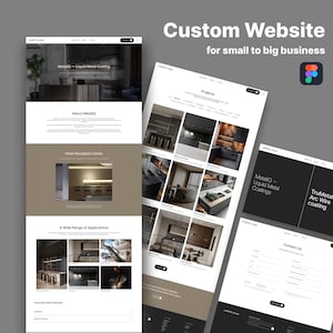 Könnte beinhalten: Ein Website-Designkonzept mit mehreren Bildschirmen, das ein modernes Design zeigt. Der Text "Custom Website for small to big business" wird angezeigt. Das Design umfasst Bilder von Innenräumen und das Figma-Logo.