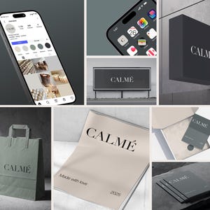 May include: A collage of branding mockups featuring the word "CALM&Eacute;" in a minimalist font. The images include a phone screen, a billboard, a box, a shopping bag, a magazine, and business cards. The color palette is neutral with shades of gray and beige.