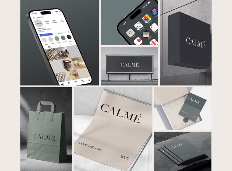 May include: A collage of branding mockups featuring the word "CALM&Eacute;" in a minimalist font. The images include a phone screen, a billboard, a box, a shopping bag, a magazine, and business cards. The color palette is neutral with shades of gray and beige.