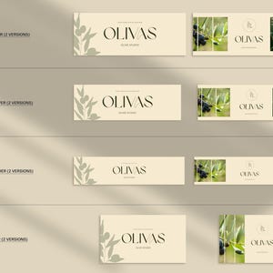 May include: A collection of social media banner designs for "OLIVAS Olive Studio." The designs feature the brand name in a serif font, olive branch illustrations, and images of olive branches with olives. The color palette is neutral with beige and green.
