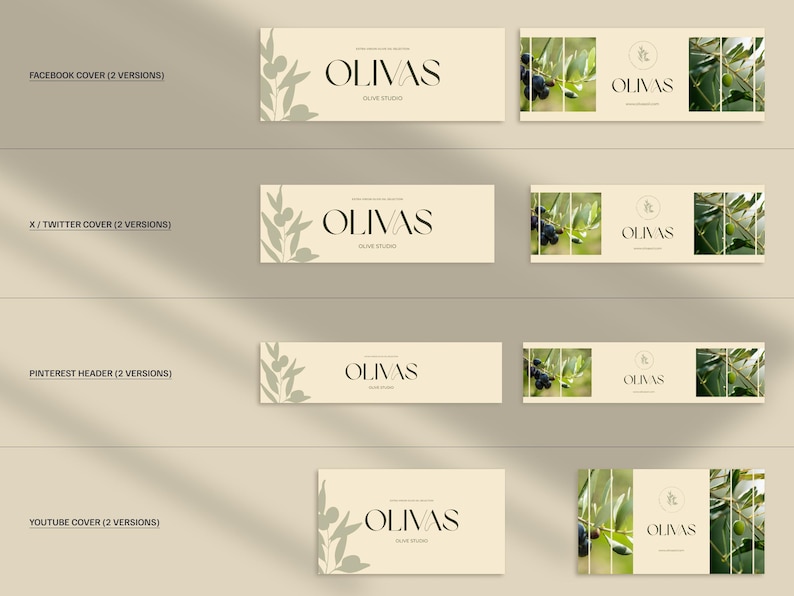 May include: A collection of social media banner designs for "OLIVAS Olive Studio." The designs feature the brand name in a serif font, olive branch illustrations, and images of olive branches with olives. The color palette is neutral with beige and green.