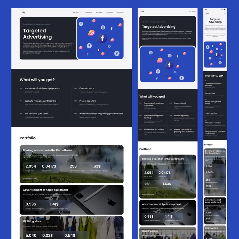 May include: A digital marketing website design with a dark theme and blue accents. The design includes sections for targeted advertising, portfolio examples, and social media icons. The text includes "What will you get?" and financial data.
