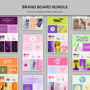 May include: A digital brand board bundle featuring 20 editable Canva templates. The image displays multiple rectangular layouts with diverse color palettes, typography samples, logo designs, and photographic textures in shades of pink, purple, green, and orange.
