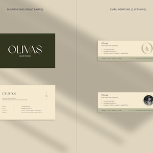 May include: Business card and email signature designs for Olivas Olive Studio. The business card features the company name in a serif font on a dark green background. The email signatures include contact information and a logo.