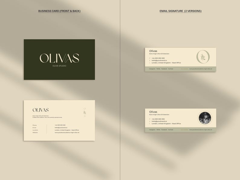 May include: Business card and email signature designs for Olivas Olive Studio. The business card features the company name in a serif font on a dark green background. The email signatures include contact information and a logo.