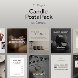 Puede incluir: Gráfico promocional para un paquete de publicaciones sobre velas, con el texto "20 Pages Candle Posts Pack In Canva". La imagen incluye varios diseños relacionados con velas, incluyendo fotos de productos, listas de verificación y materiales promocionales.