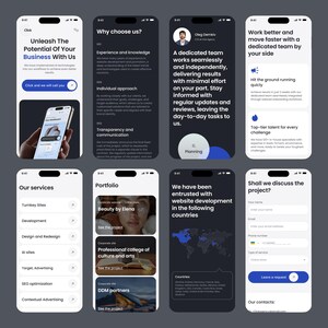 May include: A series of mobile phone screen mockups showcasing a website development company's services. The screens display information about the company, its portfolio, and contact details, with a dark gray and white color scheme.