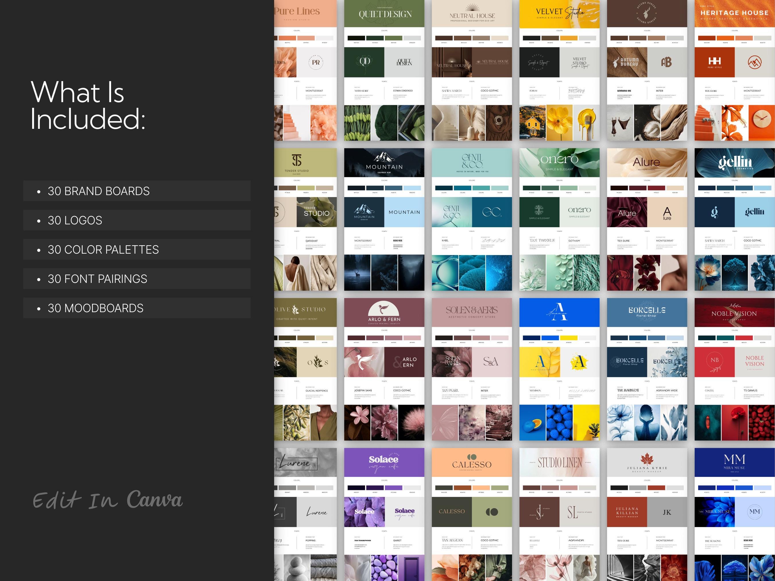 30 Brand Board Bundle – Logos, Color Palettes, Font Pairings, Canva ...