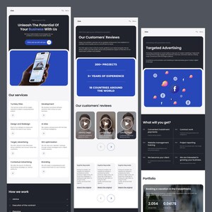 May include: A digital marketing agency website design with a dark theme. The website showcases services like turnkey sites, design, advertising, and SEO optimization. It features customer reviews and project details.