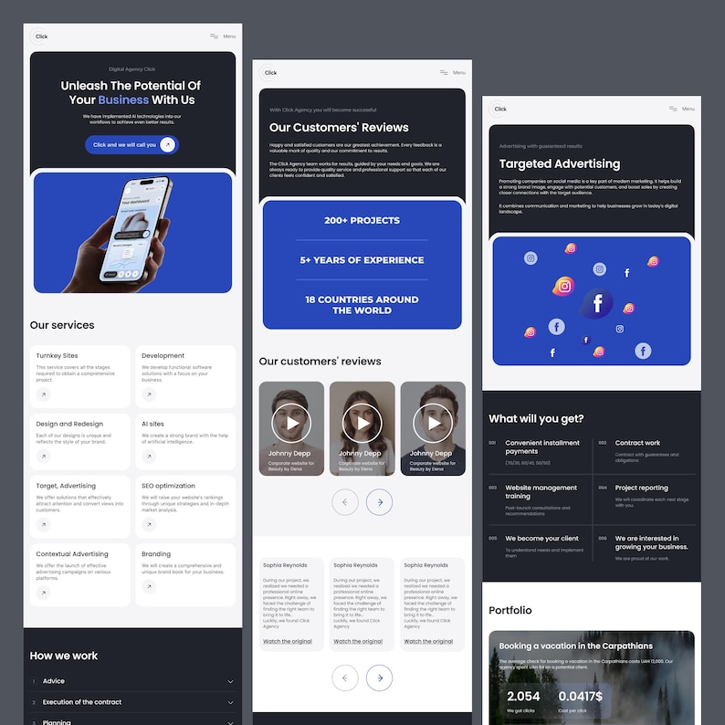 May include: A digital marketing agency website design with a dark theme. The website showcases services like turnkey sites, design, advertising, and SEO optimization. It features customer reviews and project details.