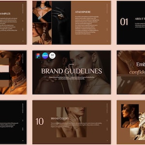 May include: A presentation in brown and gold tones, showcasing jewellery. The slides display text and images, including close-ups of necklaces, earrings, and rings. Text includes "Atmosphere", "Brand Guidelines", and "Brand Colors".