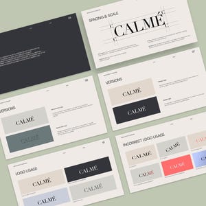 May include: A collection of design guidelines on cream-colored paper, featuring the word "CALM&Eacute;" in various styles. The layout includes sections on logo usage, versions, and spacing, with a dark gray background and a light green backdrop.