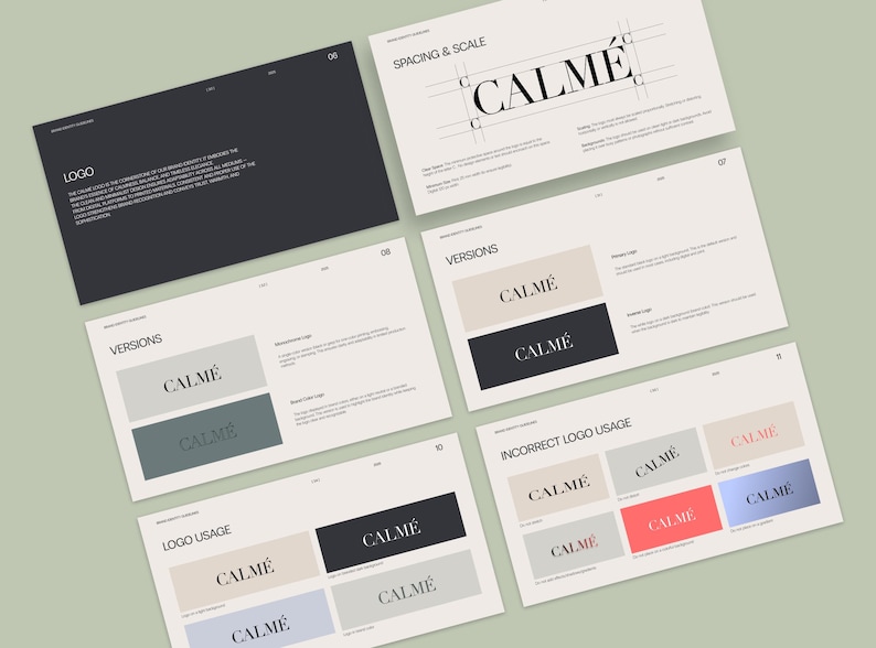 May include: A collection of design guidelines on cream-colored paper, featuring the word "CALM&Eacute;" in various styles. The layout includes sections on logo usage, versions, and spacing, with a dark gray background and a light green backdrop.
