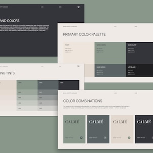May include: A collection of design guidelines featuring color palettes and combinations. The pages display text and color swatches in shades of green, ivory, and dark slate. The text includes the words "Brand Colors", "Primary Color Palette", and "Color Combinations".