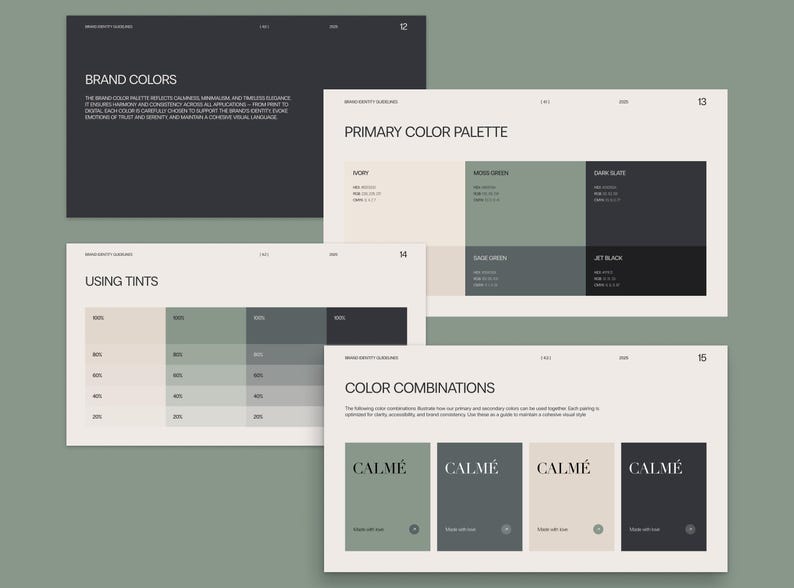 May include: A collection of design guidelines featuring color palettes and combinations. The pages display text and color swatches in shades of green, ivory, and dark slate. The text includes the words "Brand Colors", "Primary Color Palette", and "Color Combinations".