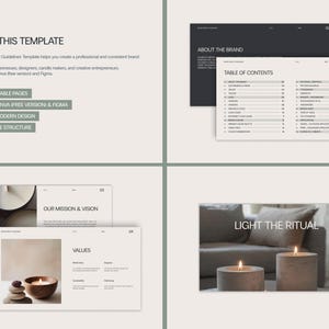 May include: A digital template with a minimalist design, featuring pages with text and graphics. The template includes a table of contents, mission and vision statements, and a section titled "Light the Ritual". It is designed for small businesses and entrepreneurs.