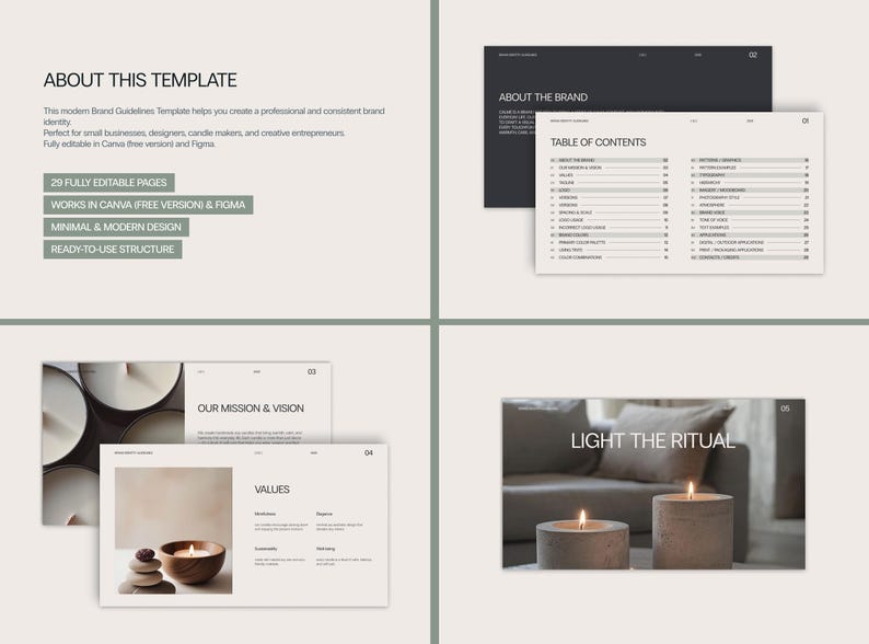 May include: A digital template with a minimalist design, featuring pages with text and graphics. The template includes a table of contents, mission and vision statements, and a section titled "Light the Ritual". It is designed for small businesses and entrepreneurs.