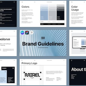 May include: A collection of brand guidelines pages with a light blue and white color scheme. The pages include sections on color usage, primary logo, and brand identity. The text includes "Brand Guidelines" and "MIREL".