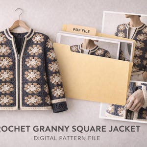 May include: A dark blue crochet granny square jacket with a cream-colored zipper and trim, hanging on a wooden hanger. The jacket features a floral pattern. The image also includes a digital file folder with the text "PDF FILE" and the text "CROCHET GRANNY SQUARE JACKET DIGITAL PATTERN FILE".