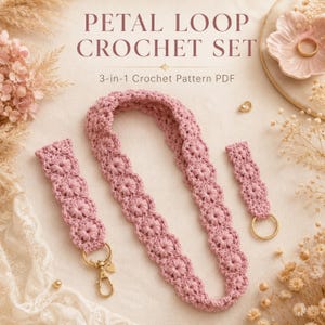 Crochet Lanyard Pattern PDF, Puff Flower Wristlet Keychain & Mini Key Fob, 3-in-1 Crochet Accessory Set