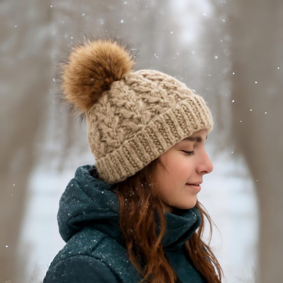 Handmade Crochet Beanie With Faux Fur Pom-pom: Chunky Cable  display picture 1