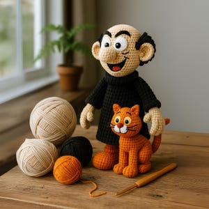Pode incluir: Boneca de crochê de um personagem de desenho animado com roupa preta, com um gato laranja a condizer. Vários novelos de lã bege, preta e laranja estão ao lado das figuras. Uma agulha de crochê de madeira também é visível.