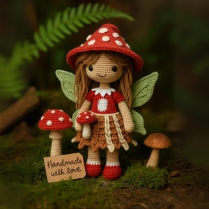 Puede incluir: Muñeca de hada de ganchillo hecha a mano con sombrero y vestido de seta rojos, alas verdes y cabello castaño. La muñeca sostiene una pequeña seta y está rodeada de otras figuras de setas. El letrero dice "Handmade with love."