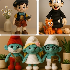 Könnte beinhalten: Eine Sammlung handgefertigter Häkelpuppen. Die Puppen umfassen einen Jungen mit einem Buch, eine Figur mit einer orangefarbenen Katze und drei Schlümpfe. Die Puppen sind in verschiedenen Farben, darunter Blau, Rot und Weiß. Die Puppen werden auf einem neutralen Hintergrund präsentiert.