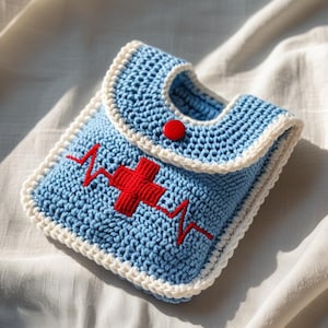 May include: A handmade crochet pouch in light blue with a red cross and heartbeat design. The pouch has a white trim and a red button closure. The item is likely a medical-themed accessory.