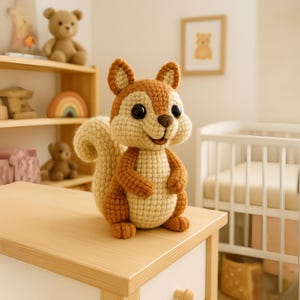May include: A handmade crochet squirrel toy with a tan body, brown accents, and a fluffy tail. The squirrel has large black eyes and a smiling expression. It is sitting on a light wood surface, with a nursery theme in the background.