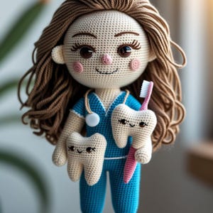 May include: A crocheted doll dressed in blue scrubs, holding two smiling tooth-shaped plushies and a pink toothbrush. The doll has brown hair, rosy cheeks, and a stethoscope. The doll is a dentist.