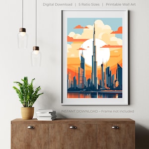 Dubai Skyline Wall Art | Burj Khalifa Poster | Dubai City Printable | Sunset Digital Download | Modern Travel Decor