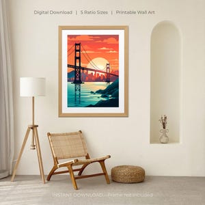 San Francisco Poster | Golden Gate Bridge Wall Art | California Sunset Print | Modern Skyline Digital Download | USA City Decor