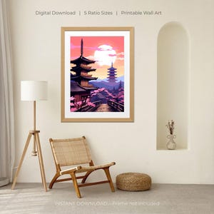 Kyoto City Poster | Yasaka Pagoda Wall Art | Cherry Blossom Sunset Digital Download | Modern Japan Print | Printable Asian Cityscape Decor