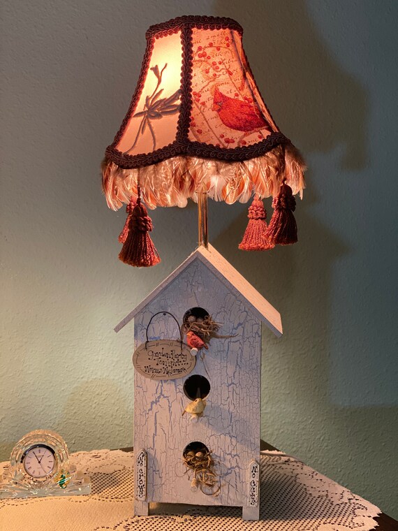 Wood Birdhouse Lamp With Handmade Shade Etsy Australia